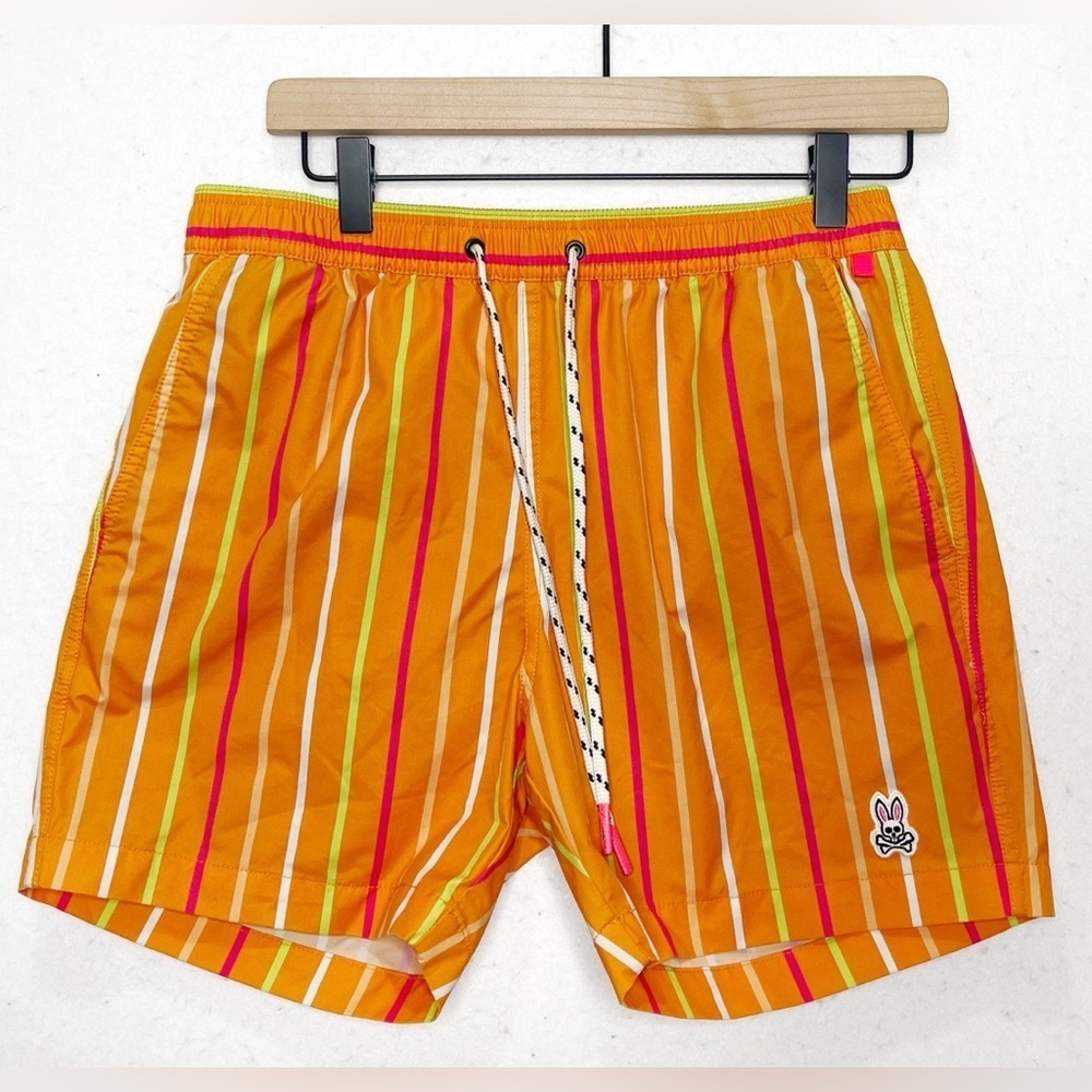 Psycho Bunny Men's Orange Clown Fish Striped Patterned Swim Trunks Size Small